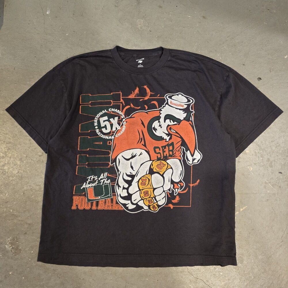 Hollister Miami Hurricanes T Shirt Men’s XL Boxy Fit Black Faded Cotton